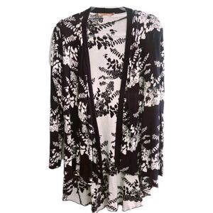 Belldini Womens M Black White Floral Fern Open Front High Low Cardigan Sweater